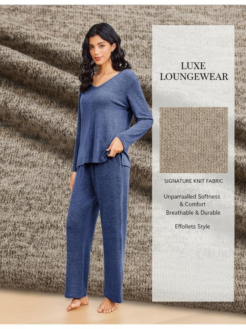 Women's Dark Navy V Neck long sleeves Shirt 2 Piece side pocket Pajamas Set - Picture 2 of 6